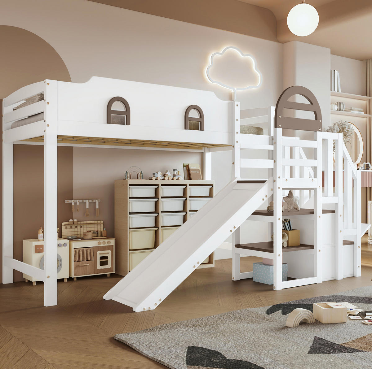 ETAGENBETT aus Kiefernholz und MDF 90x200 cm Weiß mit Rutsche und Stauraumtreppe - Weiß, Holzwerkstoff (90/200cm) - IVMEU