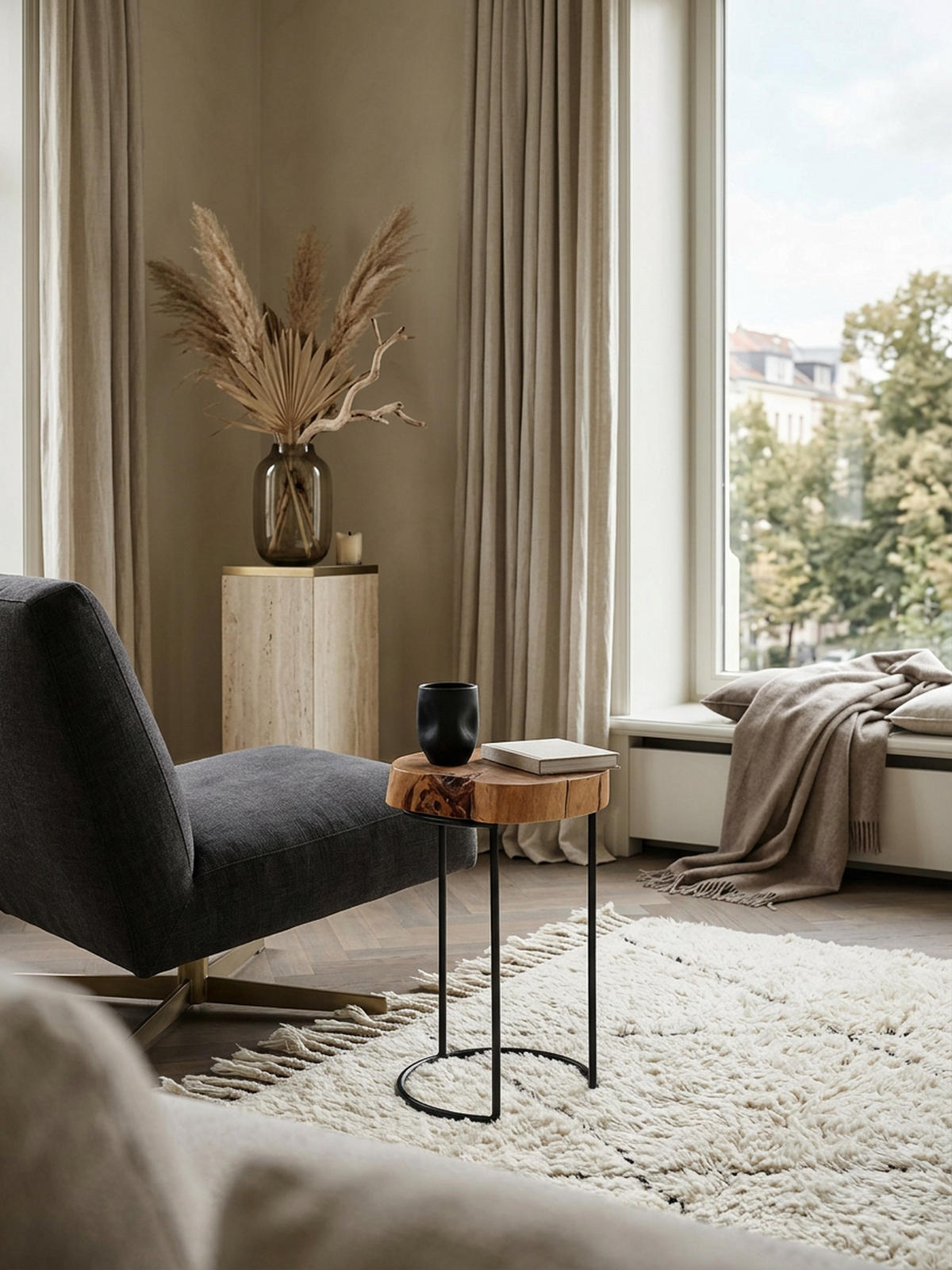 BEISTELLTISCH Massivholz Metallgestell Baumstammplatte Landhausstil INDI, Beige 28x28x45 cm - Beige/Schwarz, Holz/Metall (28/28/45cm) - KADIMA DESIGN