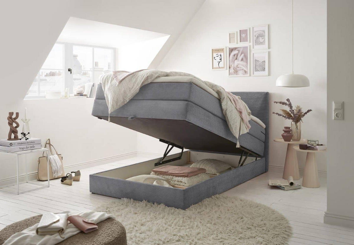 BOXSPRINGBETT 120/140x200 – Bettkasten, 7‑Zonen‑Tonnentaschenfederkern & Komfort‑T25‑Topper - Beige/Anthrazit, Holz/Holzwerkstoff (120/200cm) - ed exciting design