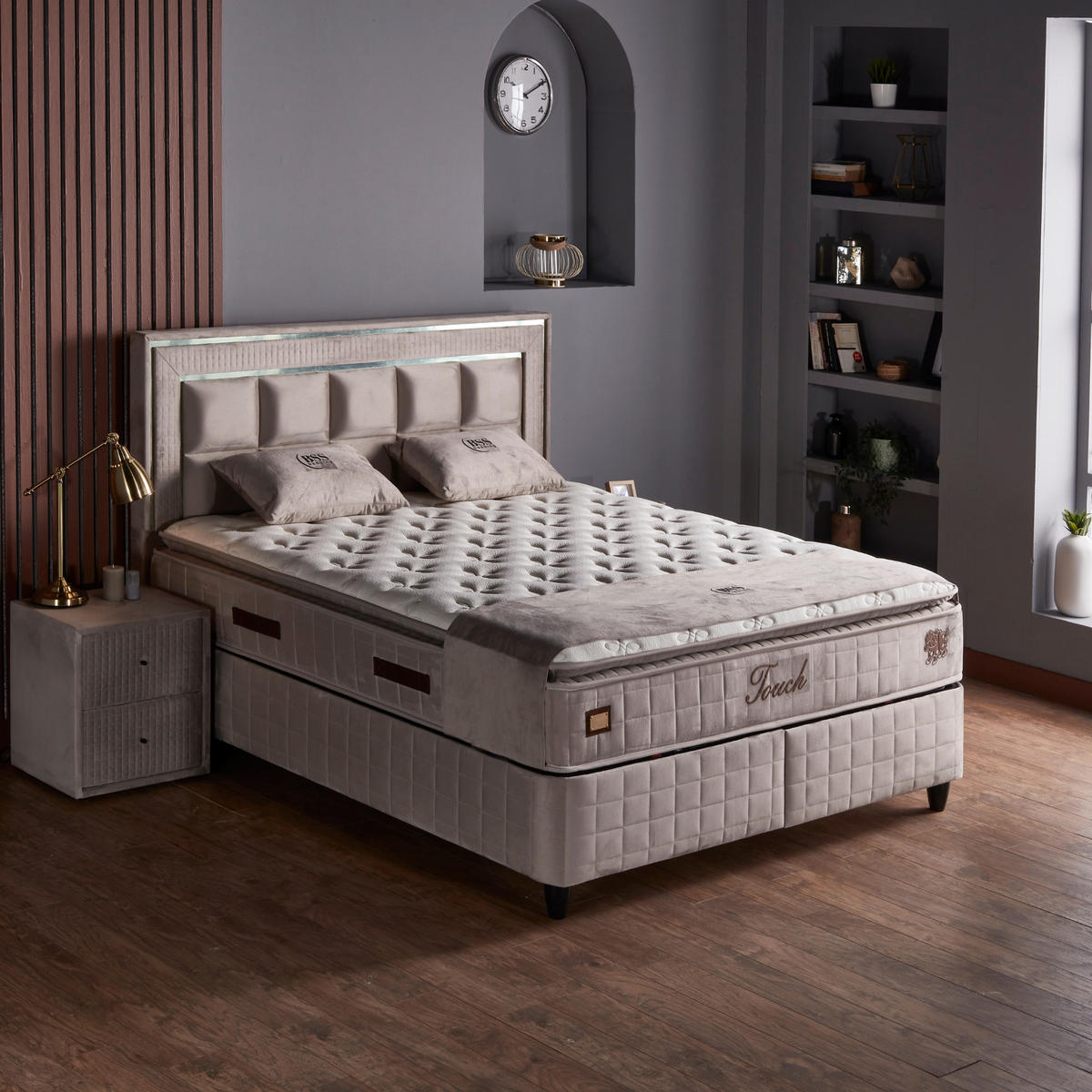 BOXBETT Wooltouch Bett mit Matratze 140x200 - Beige, Holz (140/200cm)