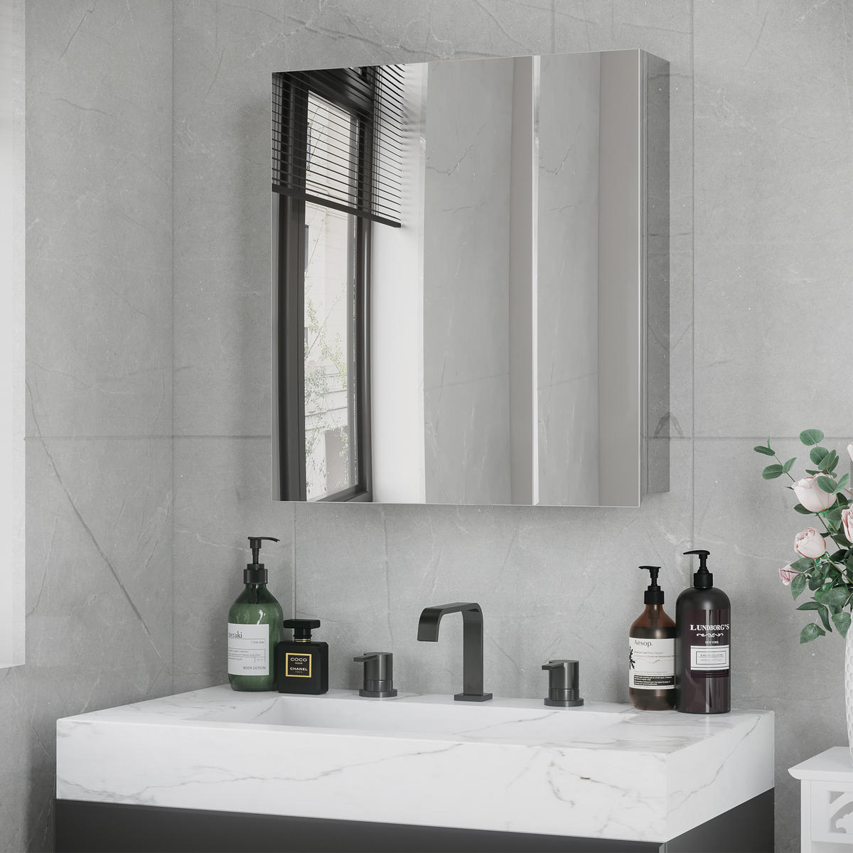 SPIEGELSCHRANK mit 3 Innenböden, Doppeltür, Edelstahl, Silber - Silberfarben, Glas (13/60/54cm) - Kleankin