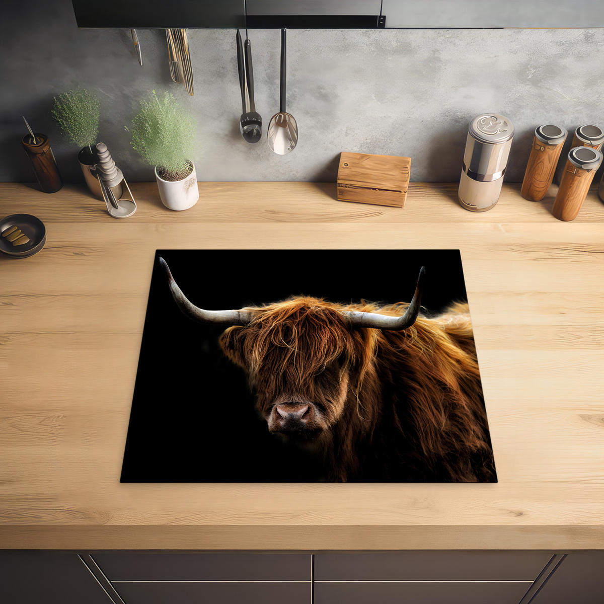 HERABDECKPLATTE - Schottischer Highlander - Hörner - Schwarz - Tiere - Natur - Wild - Kuh - 60x50 - Cognac, Kunststoff (60/50/0.2cm) - MuchoWow