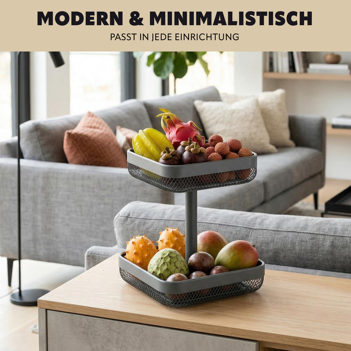 OBSTETAGERE, eckig, 2-stöckig, Ø 20 cm und 25 cm, grau, Metall - Grau, Metall (30cm) - eluno