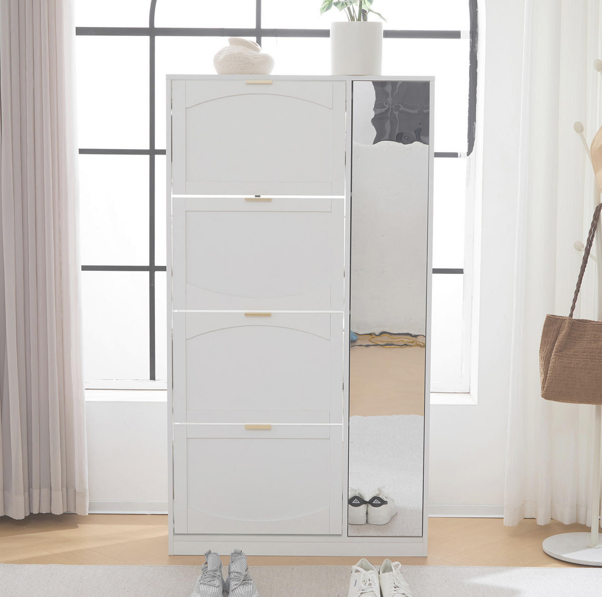 SCHUHSCHRANK mit Spiegeltüren 80 x 147 x 24 cm Weiß - Weiß, Holzwerkstoff (24/147/80cm) - Beauniv