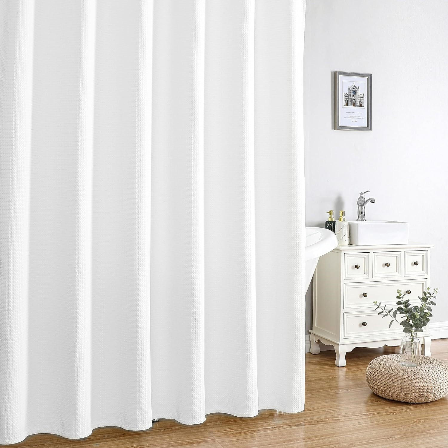 DUSCHVORHANG Struktur Weiß 200/180 cm Stoff Schimmelresistent mit Metallringen - Weiß, Kunststoff (180/200cm) - MCBOSON