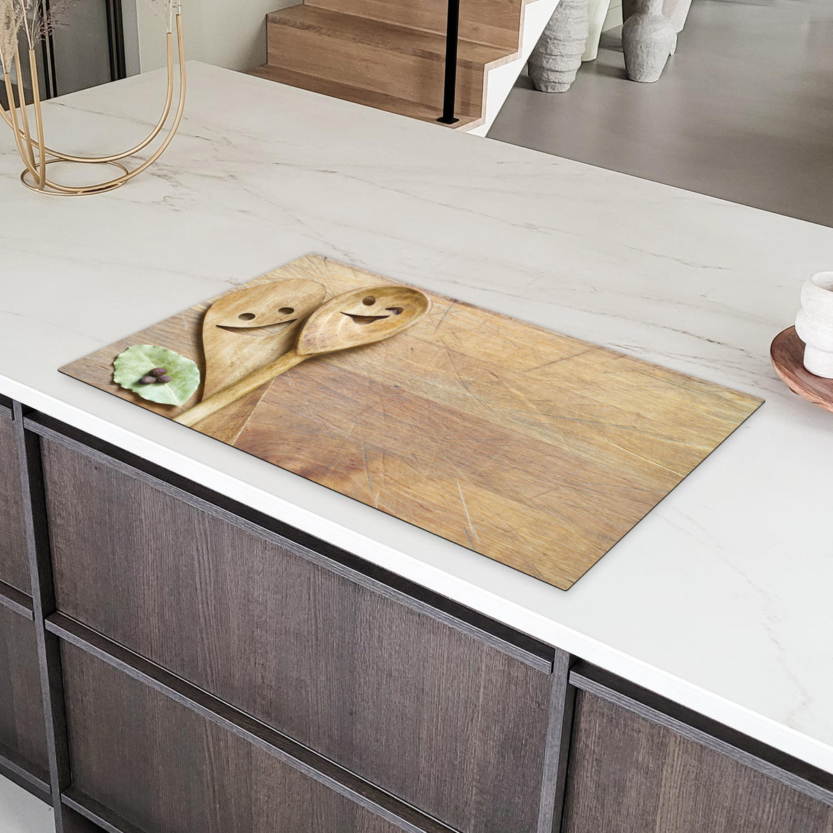 HERDABDECKPLATTE Holz - Löffel - Braun - Smiley 91x52 cm - Hellbraun, Kunststoff (91.6/0.2/52.7cm) - MuchoWow