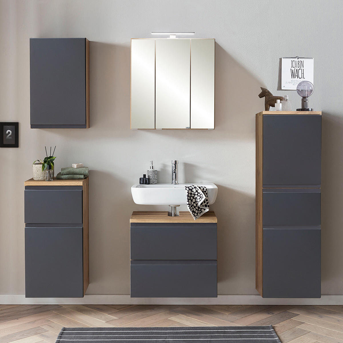 BADMÖBEL-SET 5-TLG. Vasto-03 - Grau, Holzwerkstoff (170/200/35cm) - Lomado