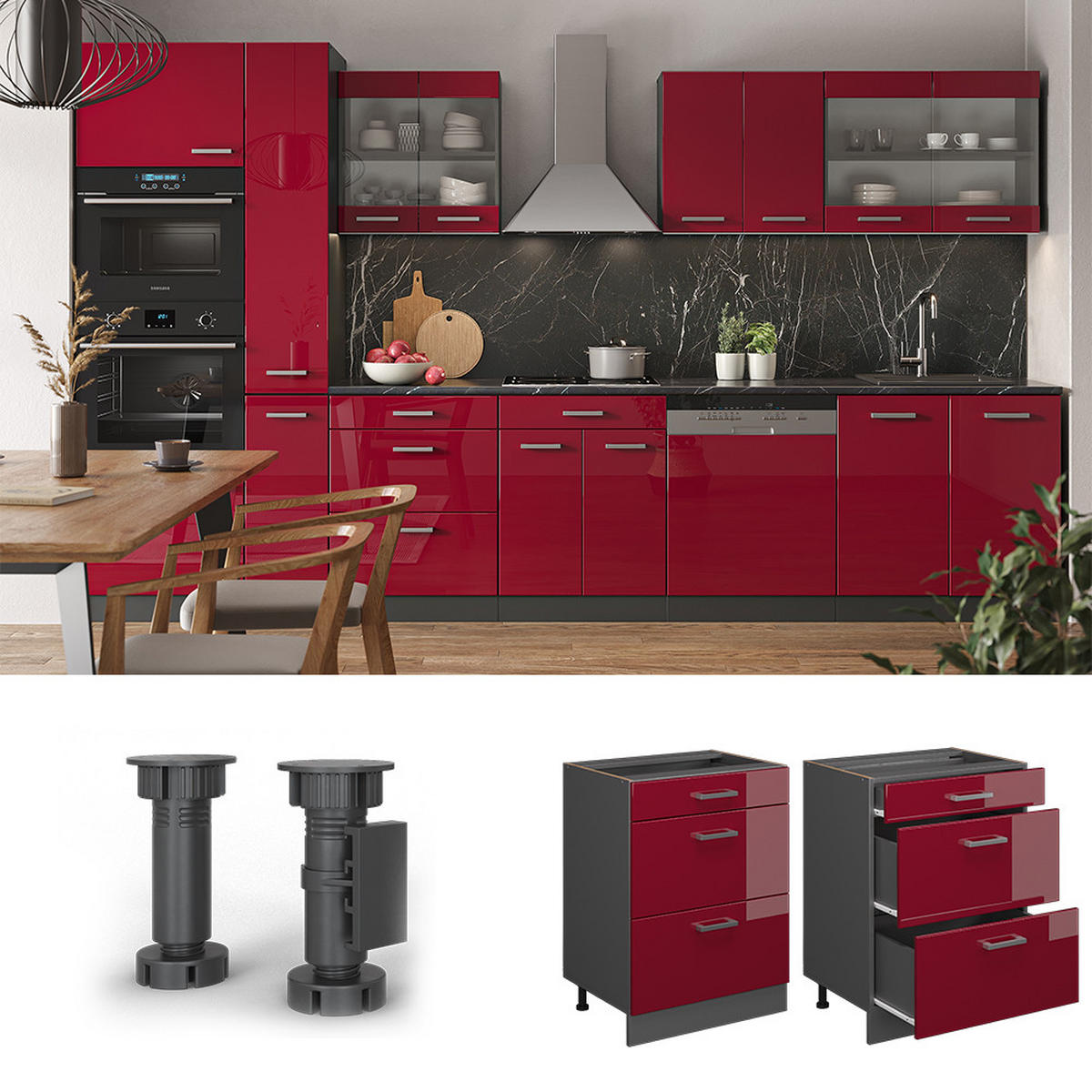 KÜCHENUNTERSCHRANK R-Line Rot Hochglanz 60 cm AP Marmor - Anthrazit/Rot, Holzwerkstoff (60/81.6/60cm) - Vicco