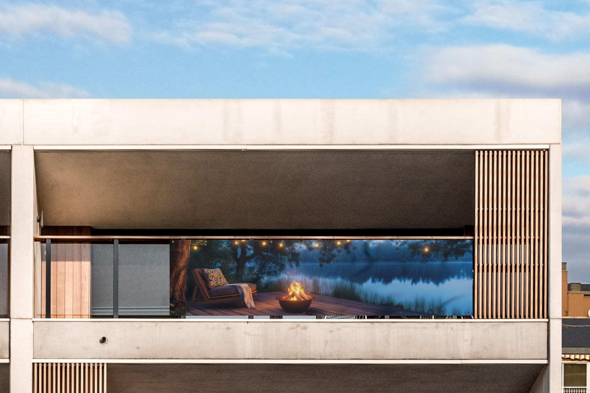 BALKON-SICHTSCHUTZ Lagerfeuer - See - Abendlicht - Dunkelblau, Kunststoff (300/80cm) - MuchoWow