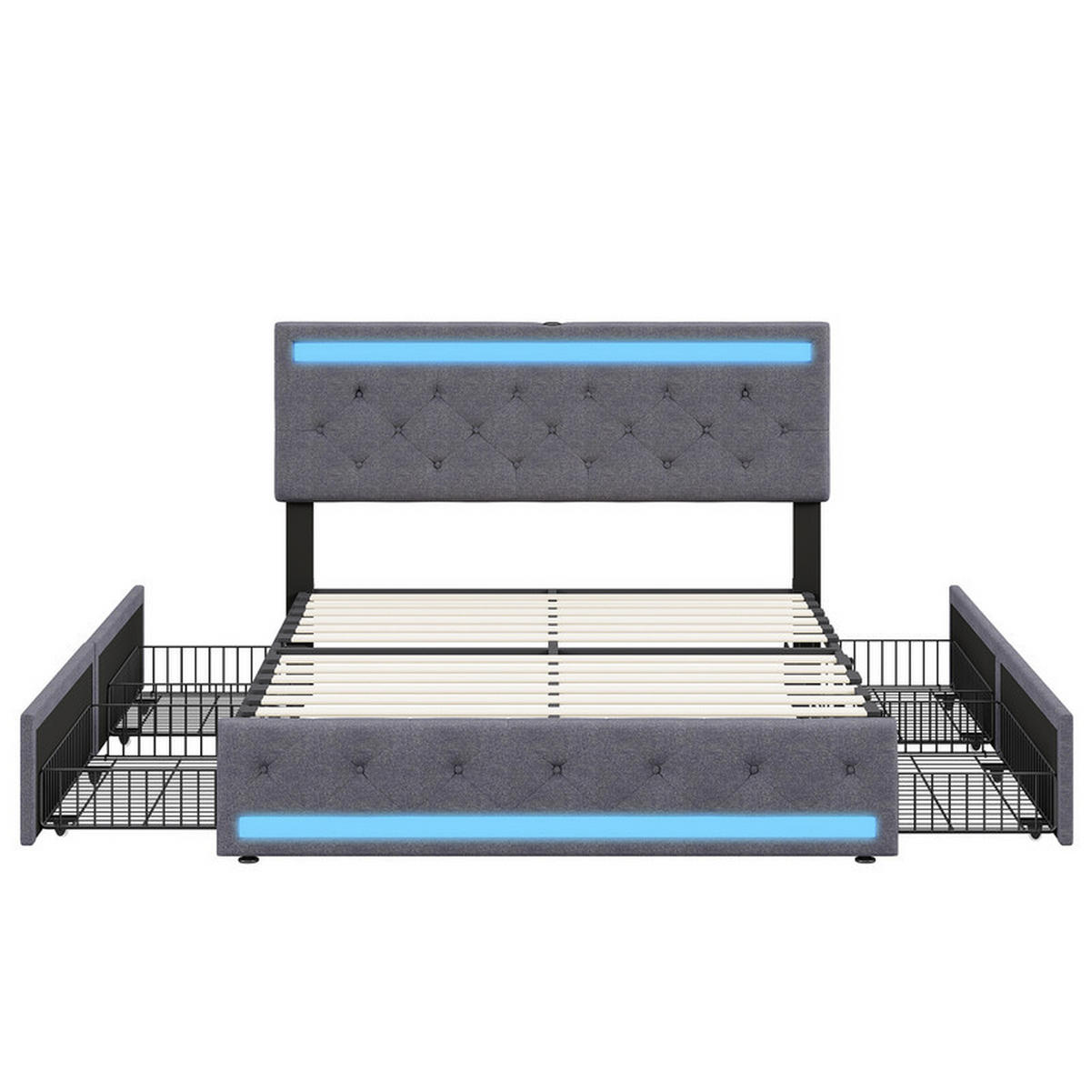 POLSTERBETT 140x200 cm, Leinen Dunkelgrau, Mit 4 Eisen-Schubladen LED Leuchten Lange USB Type-C Ladeanschluss - Dunkelgrau, Holz (140/200cm) - WoodenAura