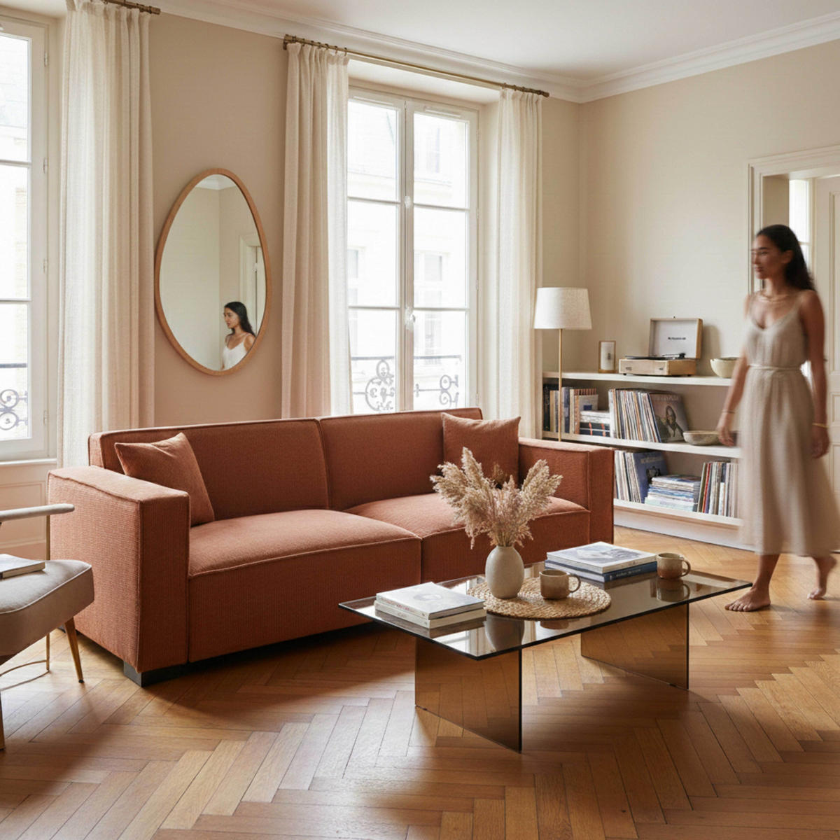 SOFA 3-Sitzer, Terrakotta - Rot/Braun, Textil (90/76/230cm) - Oviala