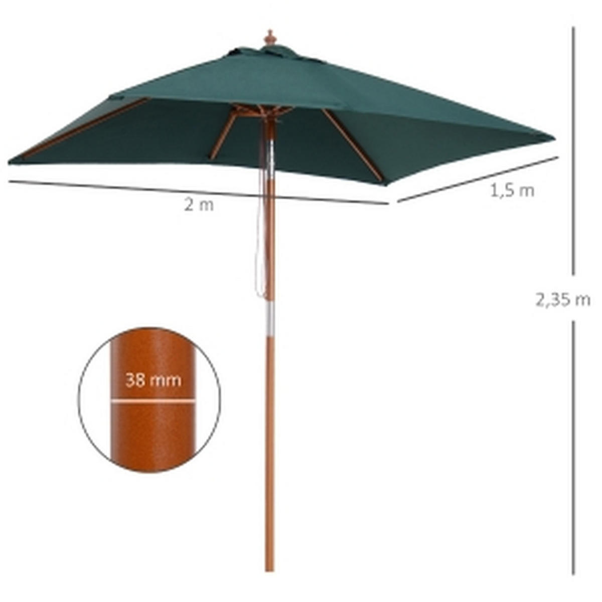 SONNENSCHIRM Rechteckig Tannenholz 200x150cm - Grün, Textil (150/200cm) - Raelunyi