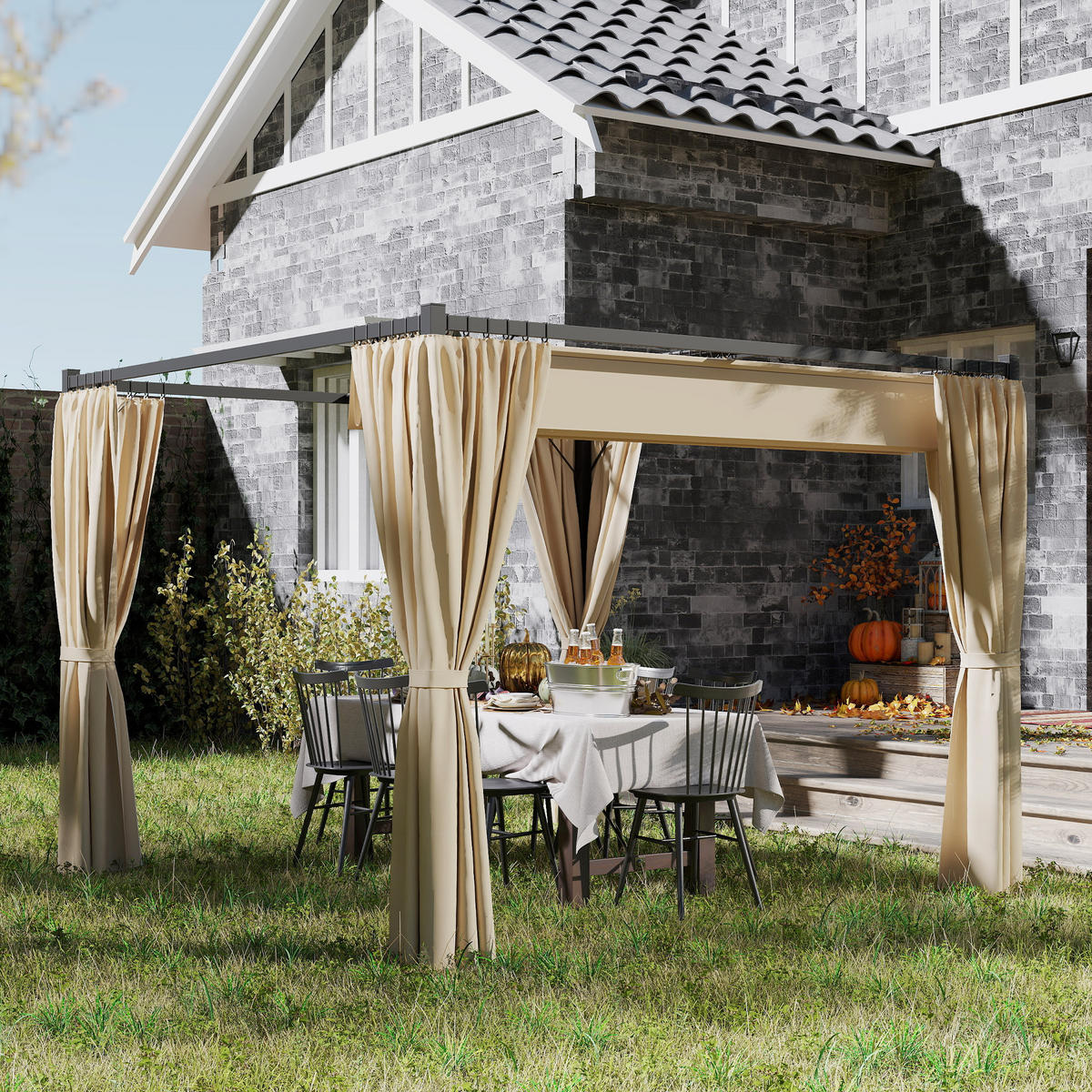 PERGOLA mit Schiebedach, 4 Seitenwände Beige 3 x 3 m - Beige, Textil/Metall (300/227/300cm) - Outsunny