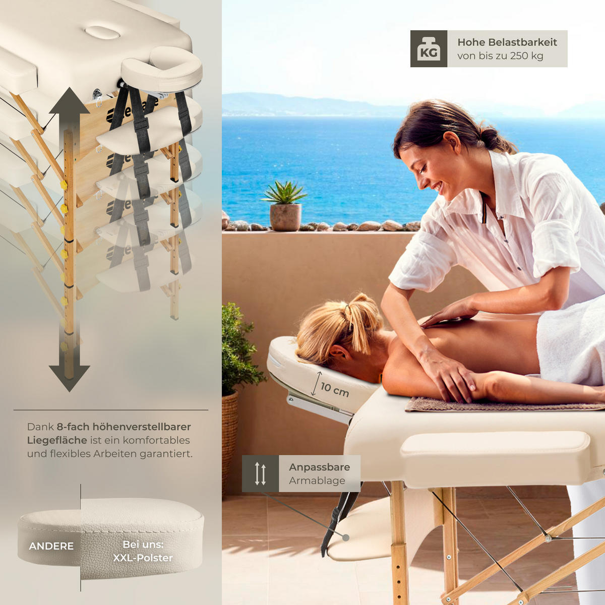 MASSAGELIEGE-SET 3 Zonen, 218 x 102 x 90 cm,beige - Beige, Holz (102/90/218cm) - tectake