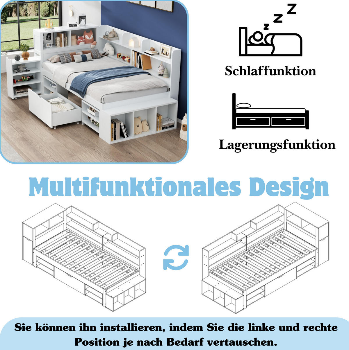 KINDERBETT aus Sperrholz 90x190 cm Weiß mit Schubladen, Regalen und viel Stauraum - Weiß, Holzwerkstoff (90/190cm) - Modfu