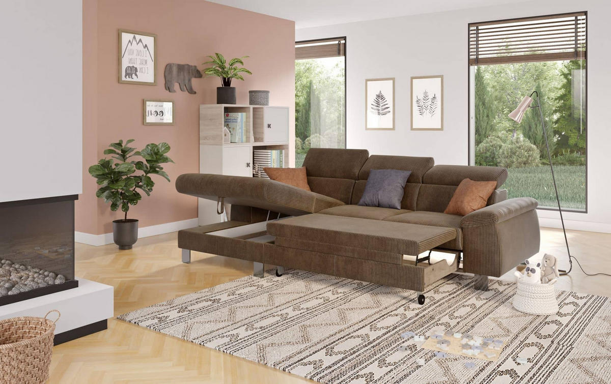 ECKSCHLAFSOFA mit Bettkasten – Cord-Stoff - Chromfarben/Braun, Holz/Textil (244/166cm) - Cotta