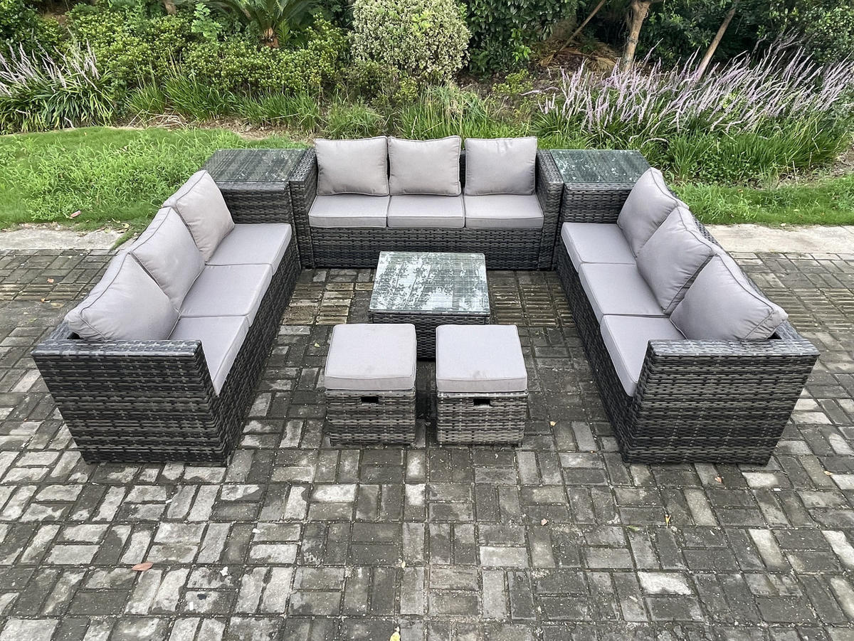 GARTENTISCHGRUPPE Polyrattan 11-Sitzer - Dunkelgrau, Metall - Fimous