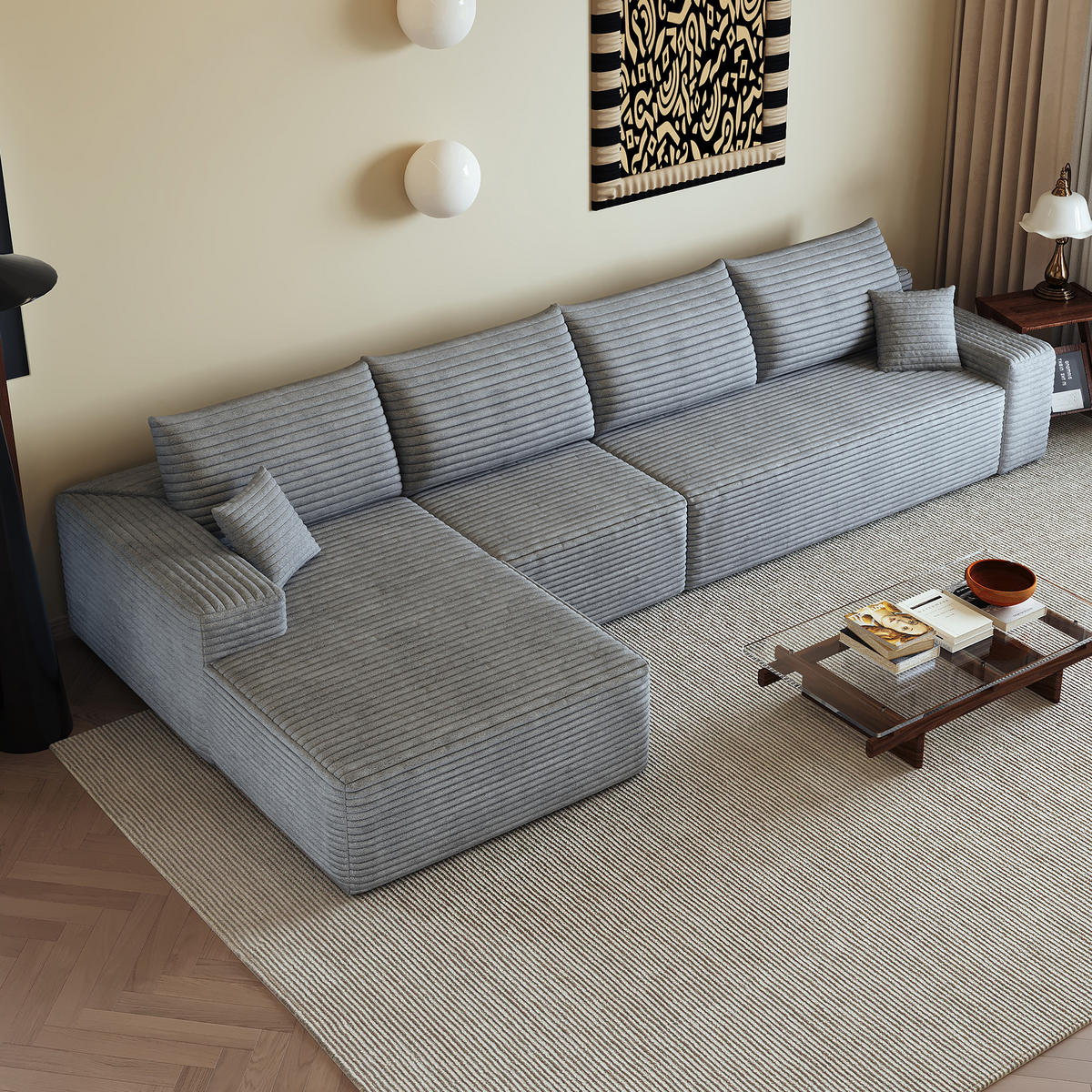 ECKSOFA 340/175/83 cm Grau mit L-förmiger Chaiselongue, Linke Seite - Grau, Textil (340/175cm) - Oxeza