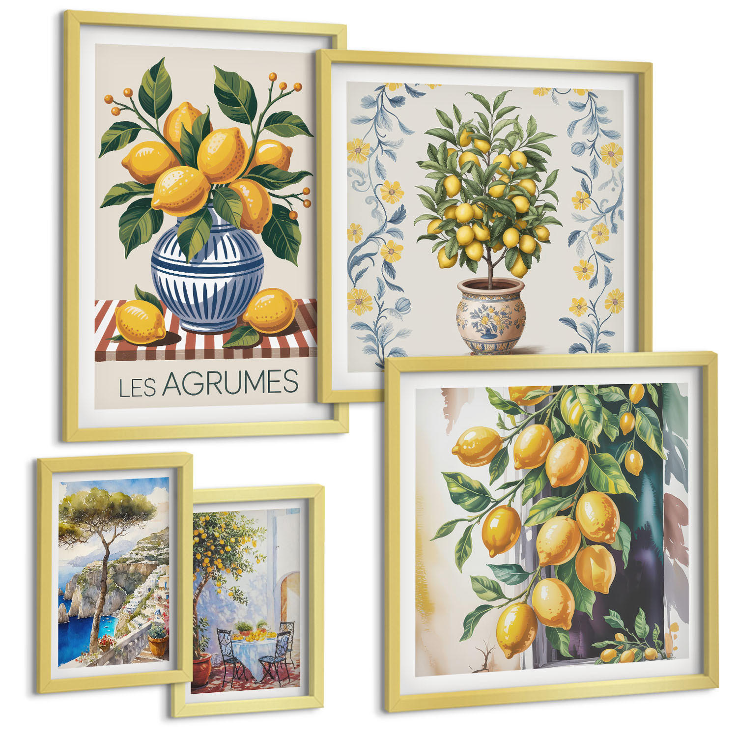 BILDER SET 5er Set - 50x50 cm & 20x30 cm & 40x60 cm Goldrahmen - Zitronenbäume am Meer - Goldfarben, Kunststoff (40/60cm) - TULUP