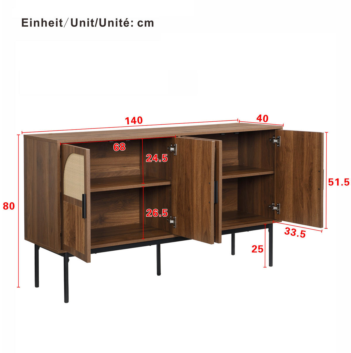 KOMMODE 140/40/80 cm mit 4 Türen und Soft-Close im Rattan-Look - Naturfarben, Holzwerkstoff (140/80/40cm) - BEAOK
