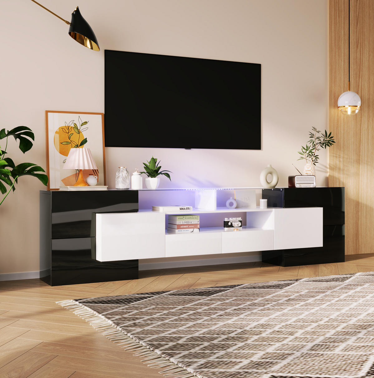 TV-SCHRANK in Schwarz-Weiß Hochglanz mit LED 200/35/60 cm - Schwarz, Holzwerkstoff (200/60/35cm) - Redom