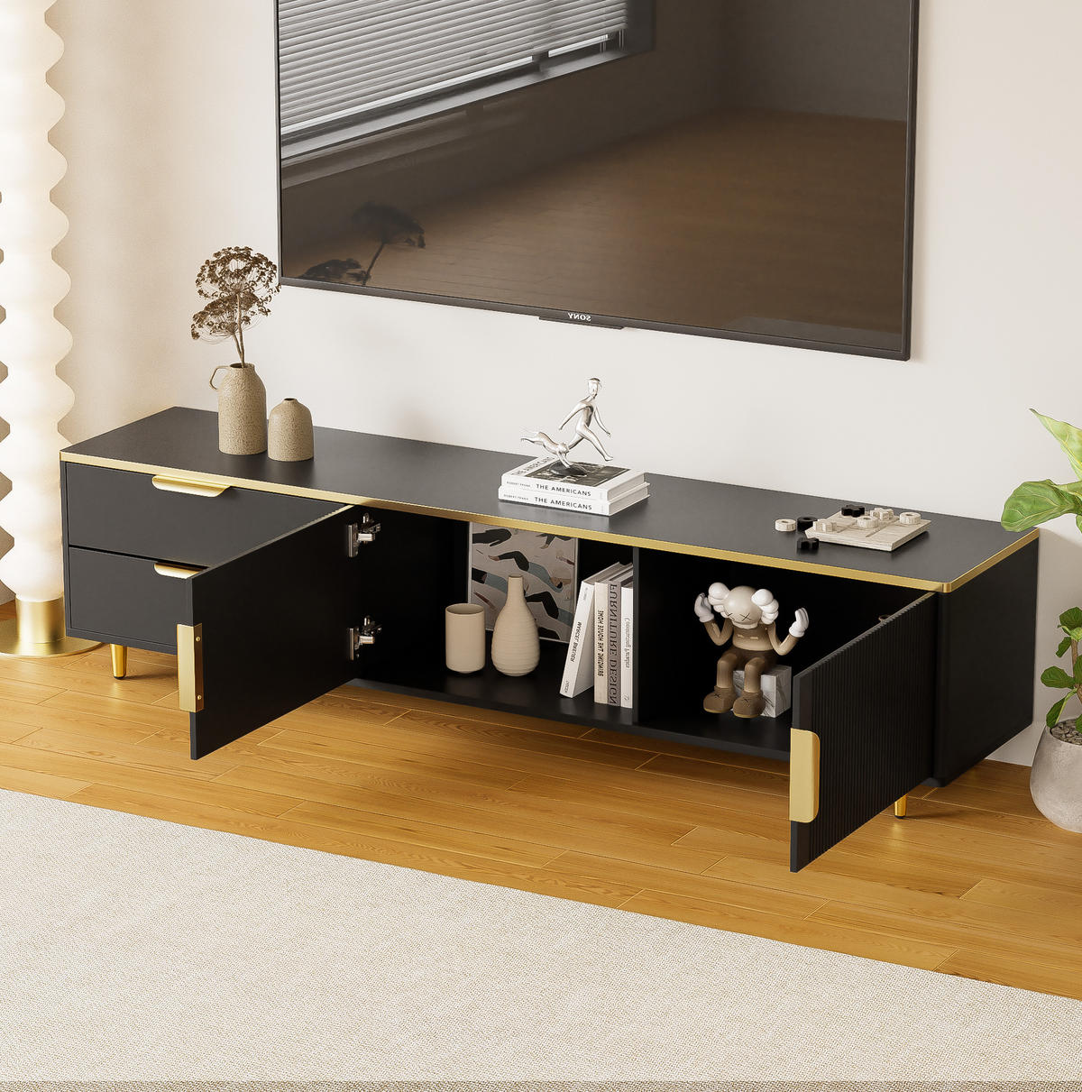 TV-SCHRANK 175/40/45 cm schwarz mit geschnitzter Struktur und goldenen Griffen - Schwarz, Holzwerkstoff (175/45/40cm) - OKWISH