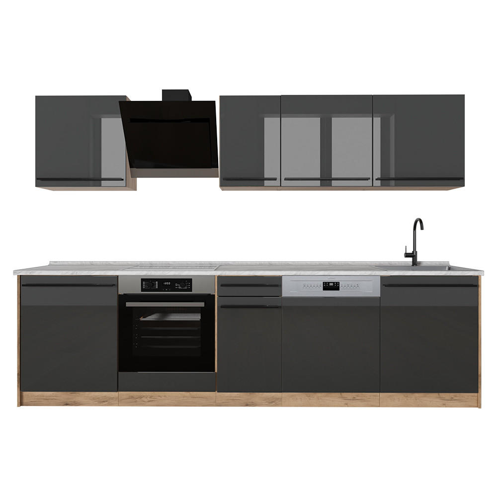 Vicco Küchenzeile Schwarz Hochglanz, Honigeiche 280x206.8x60 cm