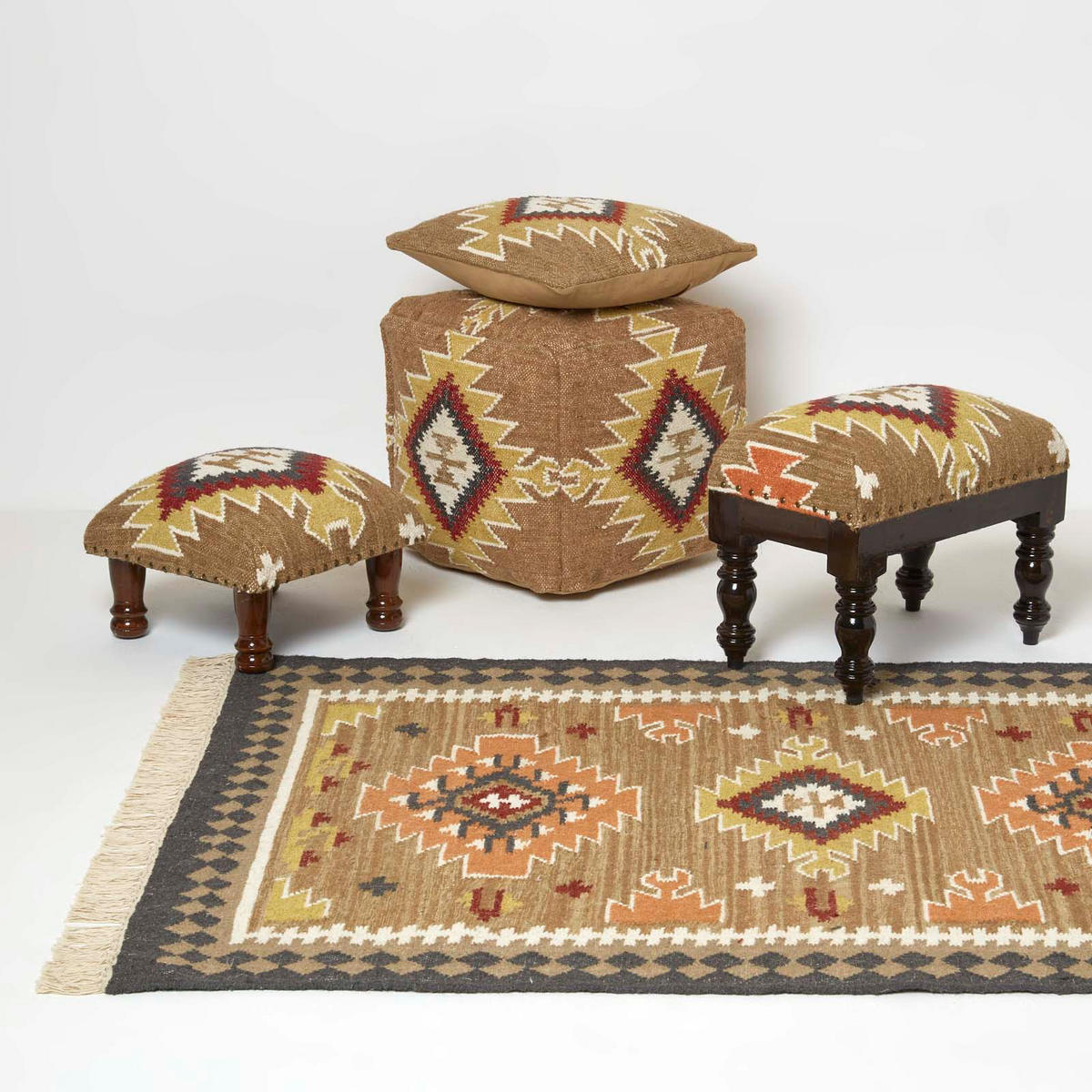 KELIM-HOCKER Jaipur mit Holzbeinen, Ethno-Muster, 50/40/30 cm - Multicolor, Textil (30/40/50cm) - Homescapes
