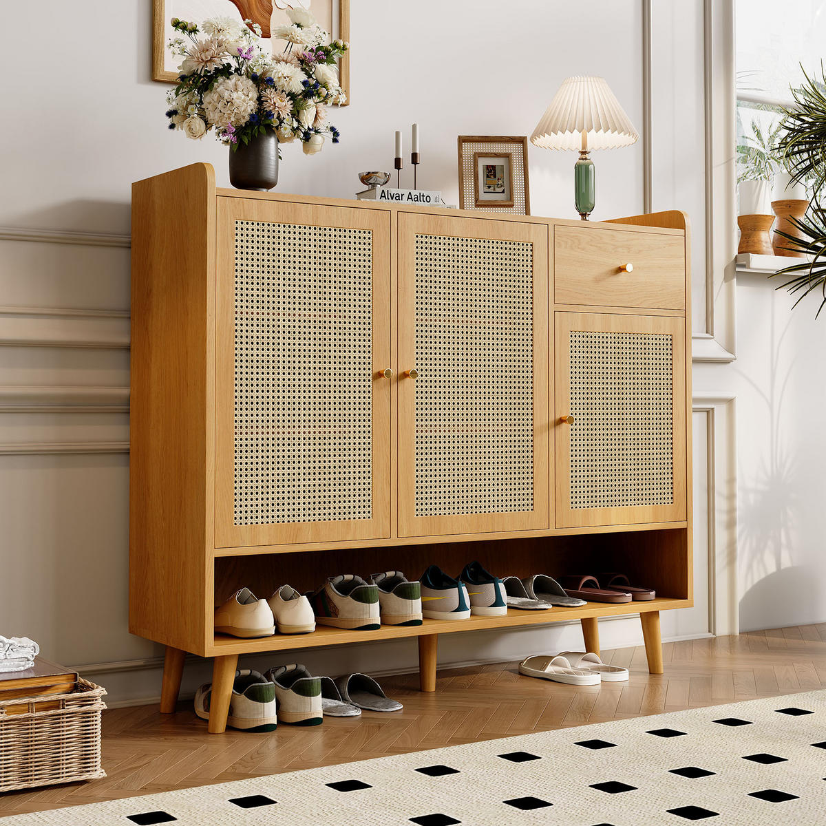 SCHUHSCHRANK Rattan mit 3 Türen Natural 120x35x106cm - Naturfarben, Holzwerkstoff (35/106/120cm) - FLIEKS