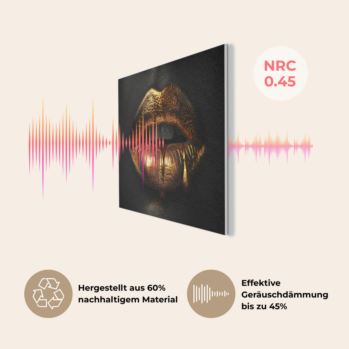 AKUSTIKBILD Frau - Porträt - Lippen - Gold - Schwarz Akustikpaneele 90x60 cm - Schwarz, Kunststoff (90/60/0.9cm) - MuchoWow
