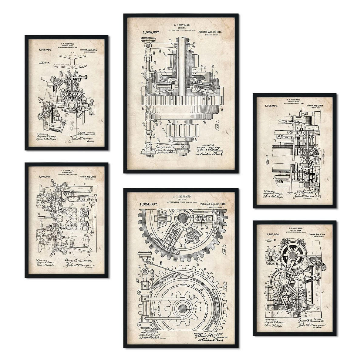 POSTER Set Mit 6 Maschinen Patenten Größe A3 und A4 Rahmenlos - Klar, Papier (29.7/1/42cm) - Nacnic