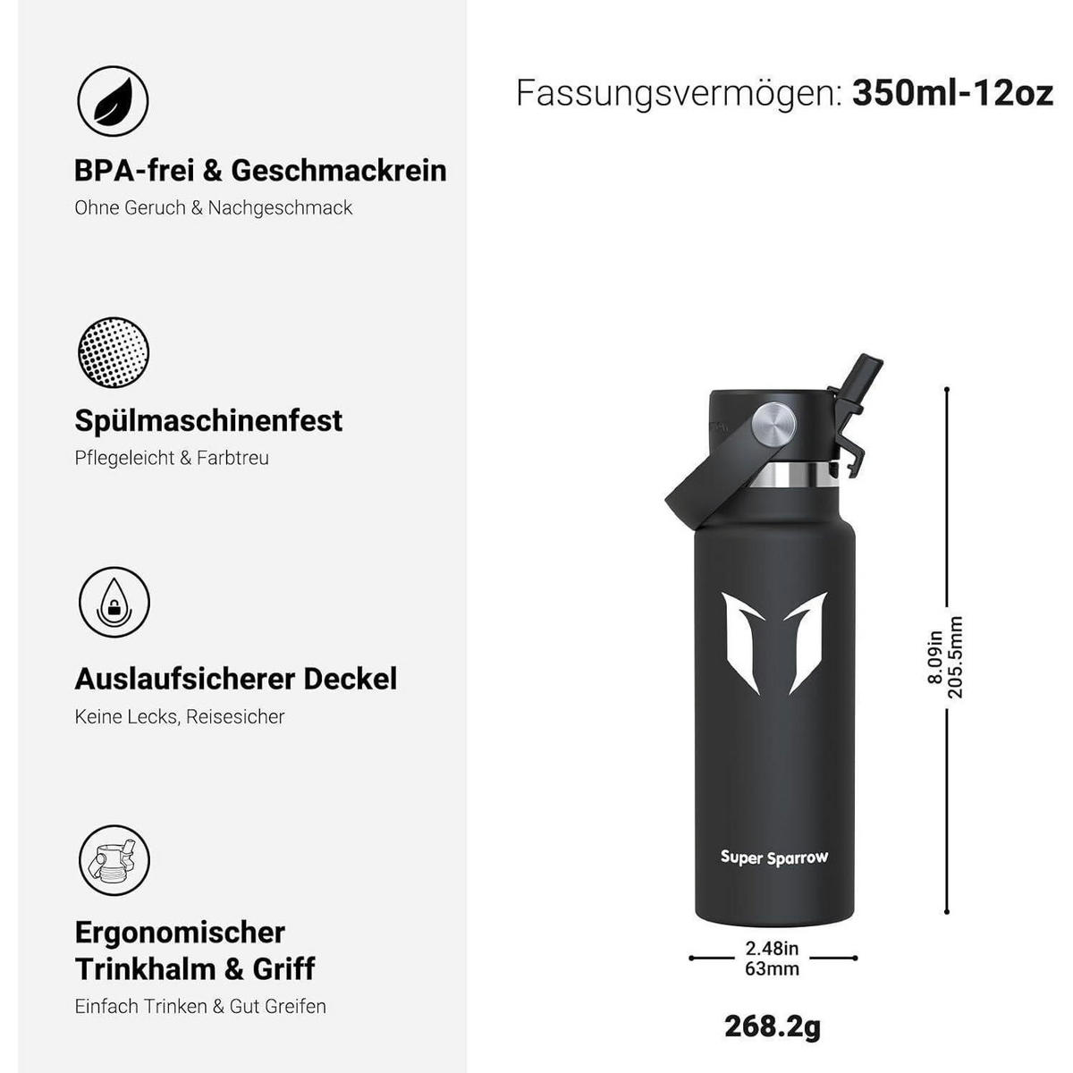 TRINKFLASCHE Edelstahl 350 ml Schwarz - Schwarz, Metall (7/7cm)