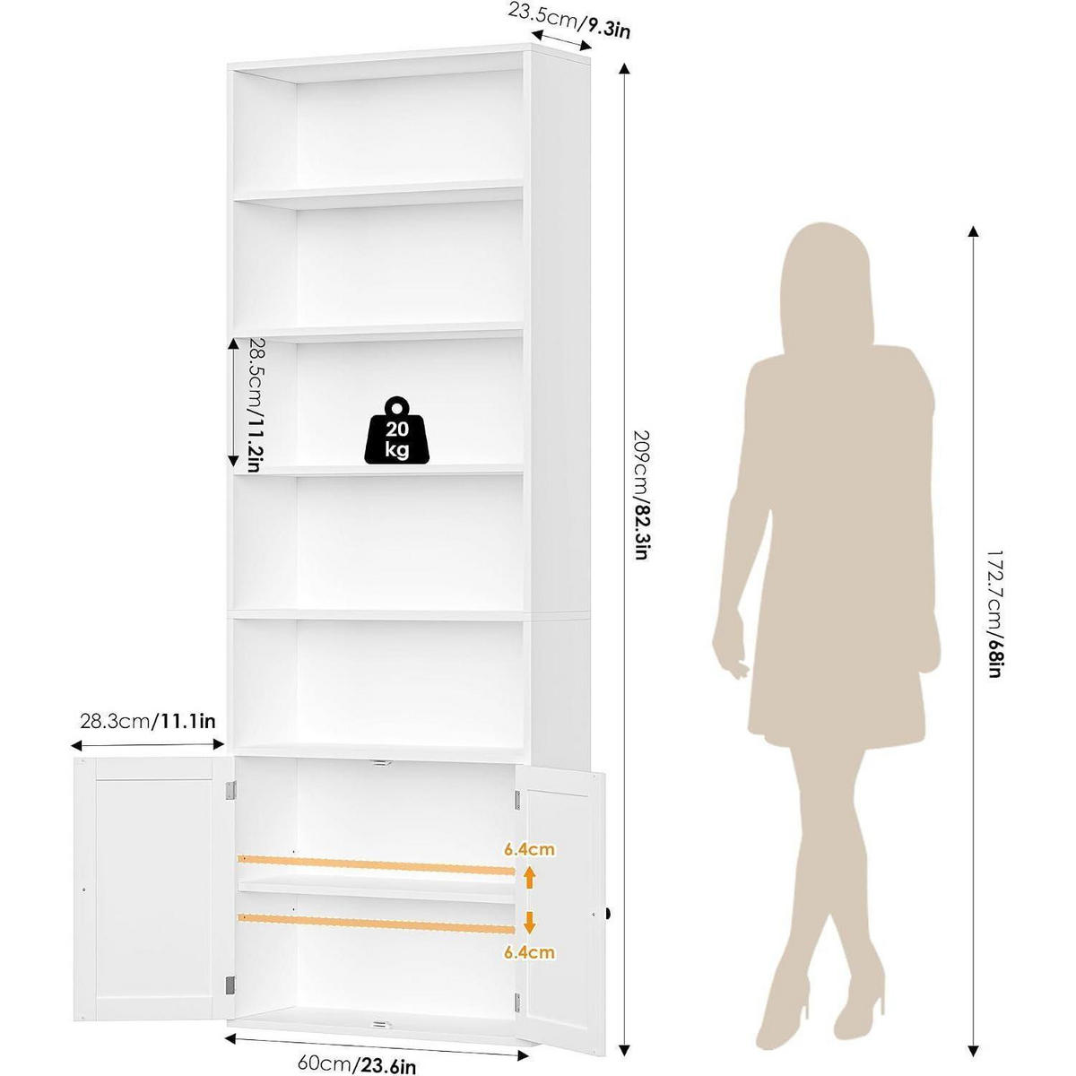 BÜCHERREGAL mit Türen 209 cm weiß - Weiß, Holzwerkstoff (60/209/23.5cm)