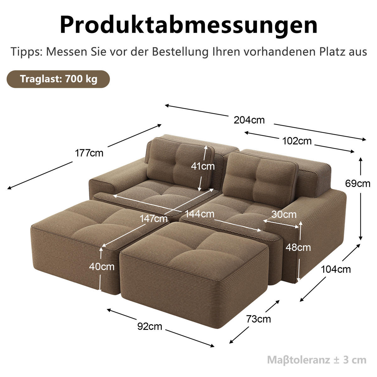 WOHNLANDSCHAFT DE-34113 2-Sitzer mit Ottoman Braun - Braun, Textil (177/69/204cm) - ComfortXL