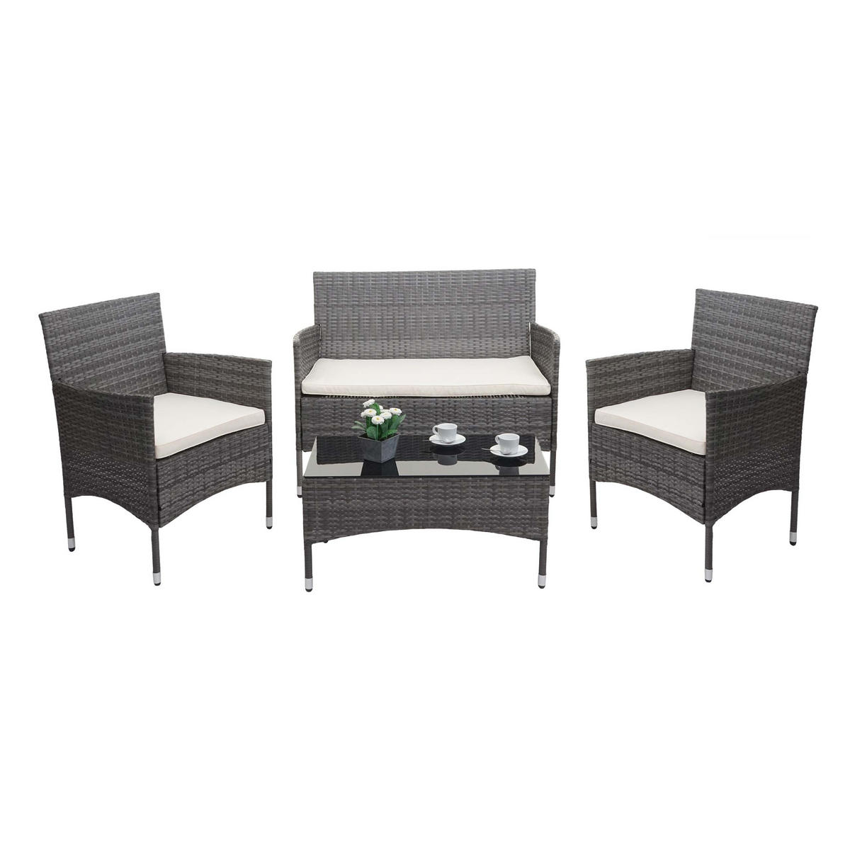 POLY-RATTAN GARNITUR Grau, Cremeweiß - Weiß/Grau, Kunststoff - MCW