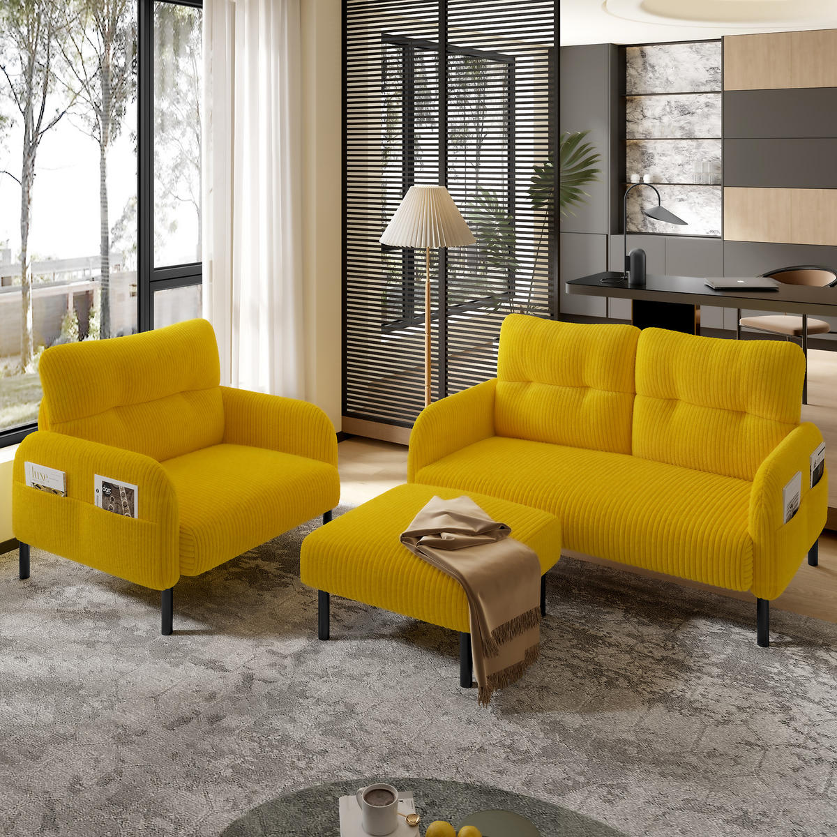 2-SITZER-SOFA Stoffcouch mit Seitentaschen,Cord,Gelb - Gelb, Textil (120/79/75cm) - LVHOM