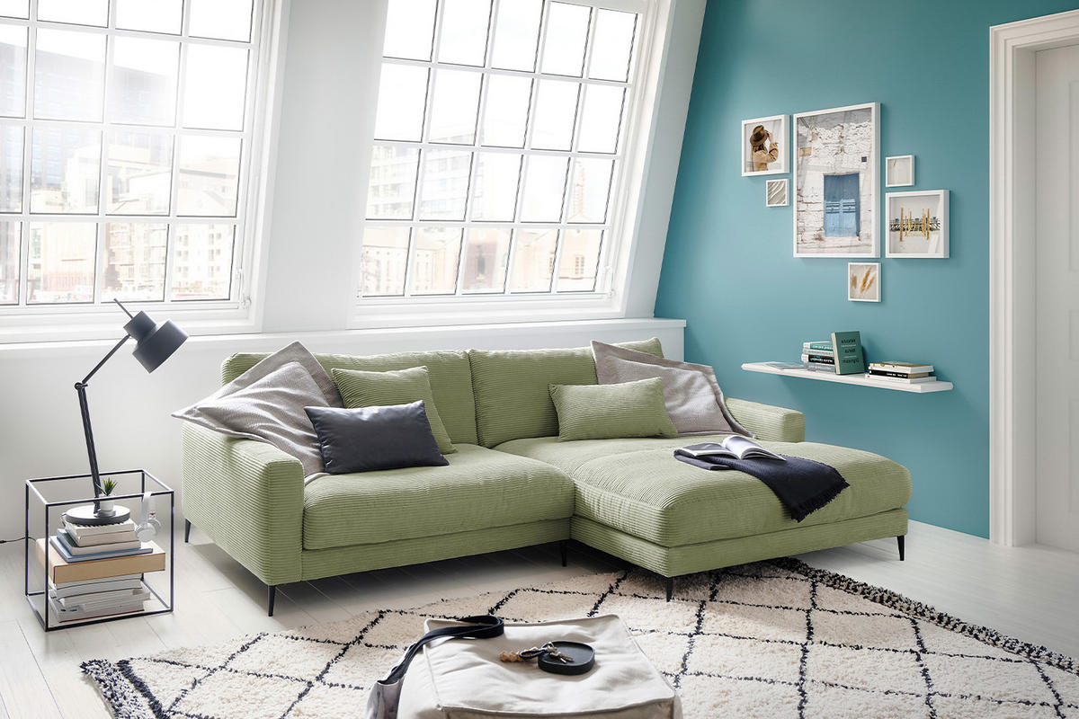 ECKSOFA CARA Grün Cord - Schwarz/Grün, Textil/Metall (272/190cm) - KAWOLA