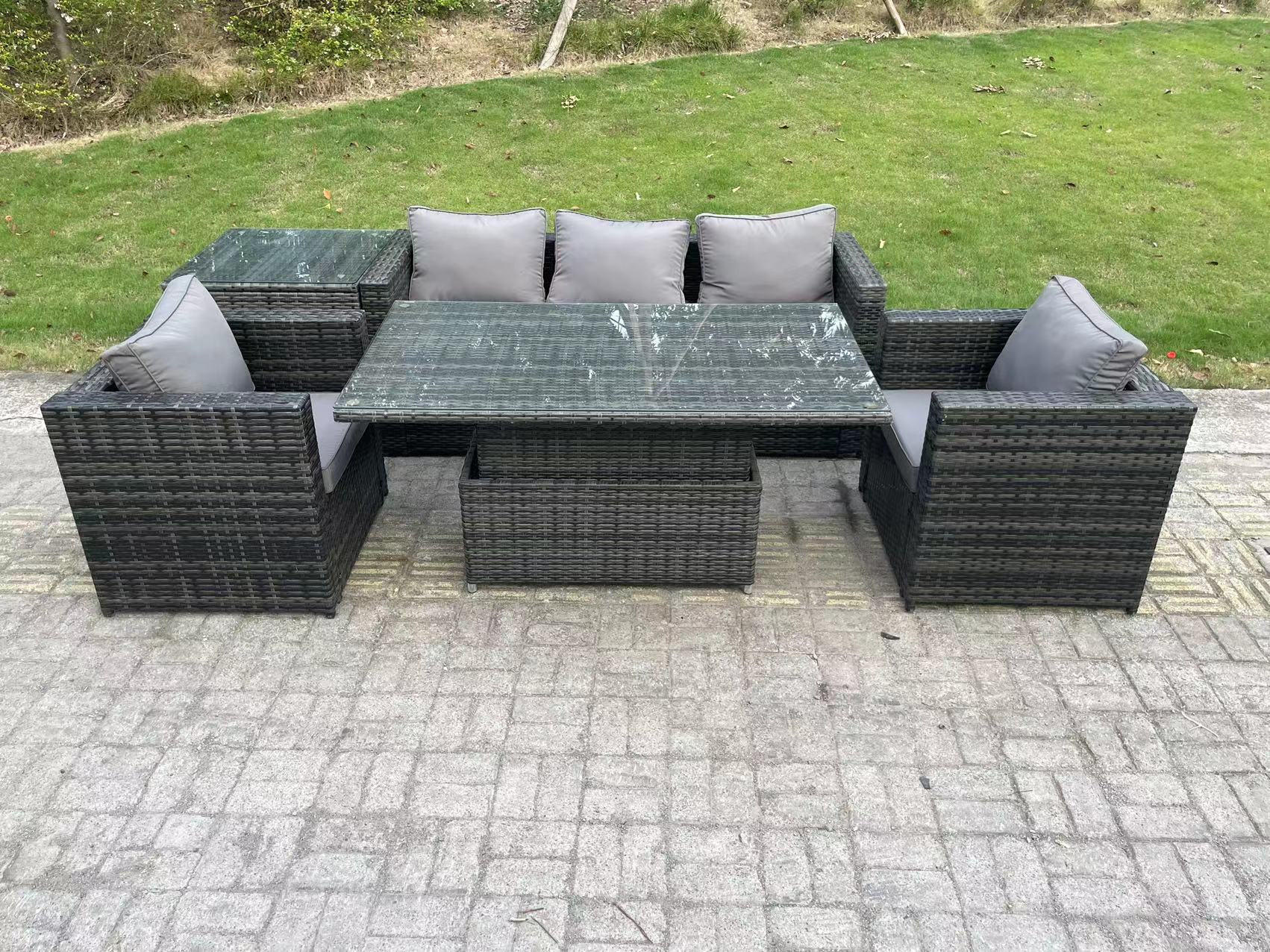 GARTENSET Polyrattan 5-Sitzer - Dunkelgrau/Grau, Glas/Kunststoff - Fimous
