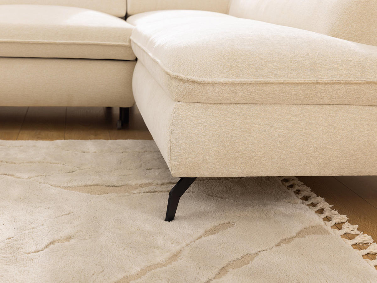 ECKSOFA mit Schlaffunktion und Bettkasten Bonnie aus Creme Chenille-Stoff mit verstellbaren Kopfstützen und Armlehne - Ottomane rechts - Creme/Schwarz, Holz/Textil (275/210cm) - S-Style Möbel