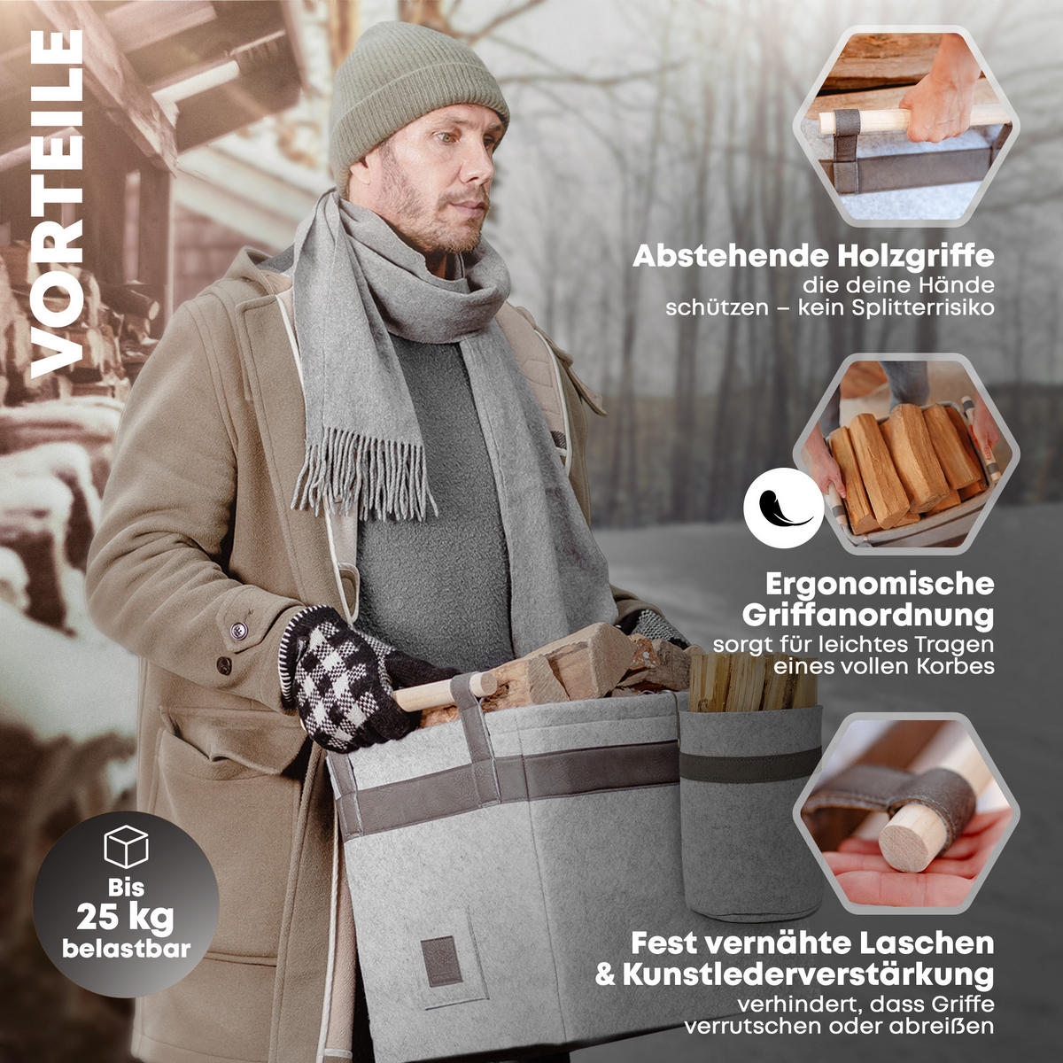 KAMINHOLZKORB Classic Duo 2er-Set Filz mit Metallrahmen für Zusatzstabilität 42/32/35 cm - Grau, Textil (32/35/42cm) - OAKAGE