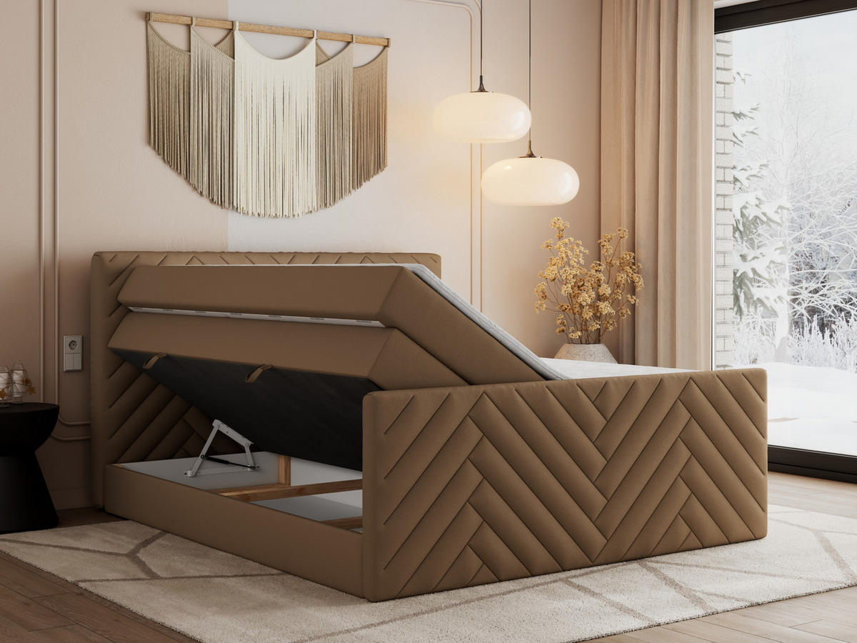 BOXSPRINGBETT PARIS KING DUO - 200/200 - Braun Kunstleder - H4 - Braun, Holz/Textil (200/200cm) - MKS