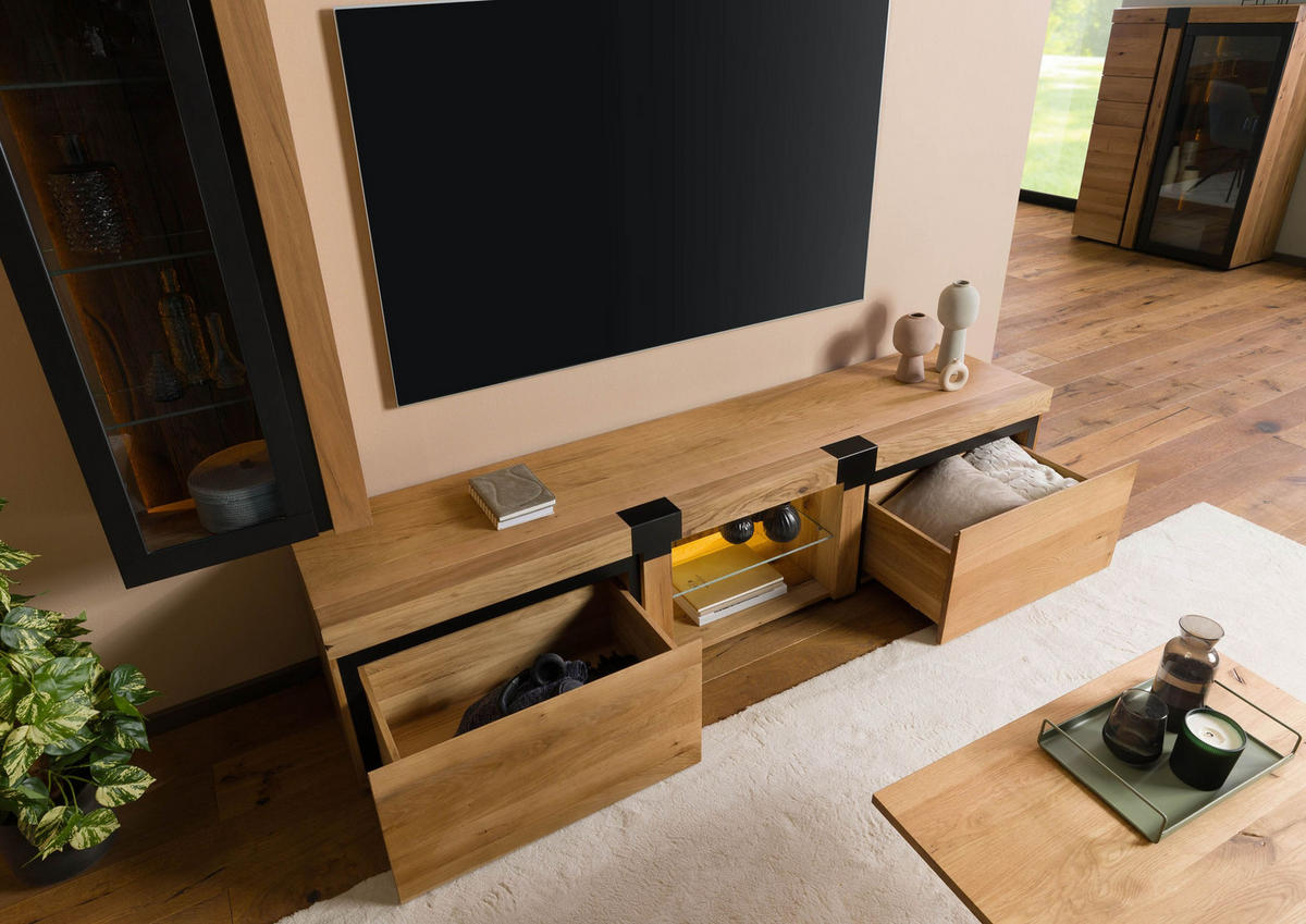 TV-BOARD Wildeiche 220x48x50 natur geölt ROTTERDAM #122 - Naturfarben, Holz (220/50/48cm) - Massivmoebel24