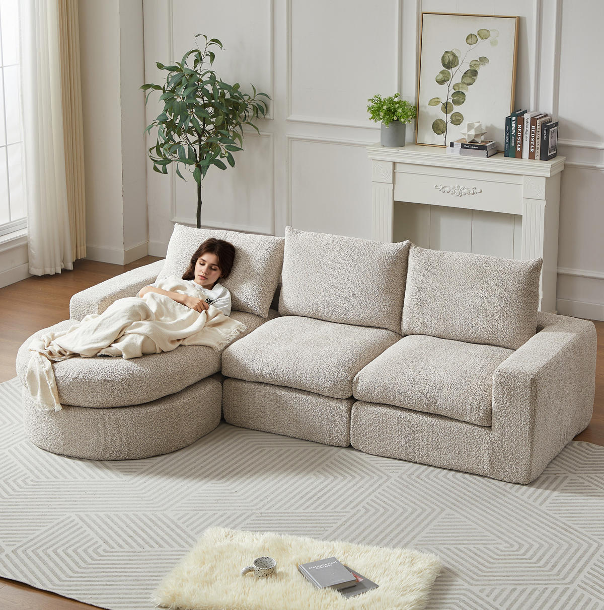 ECKSOFA 250/160/80 cm beige aus Chenille mit Recamiere und Kissen - Beige, Textil (160/250cm) - OKWISH