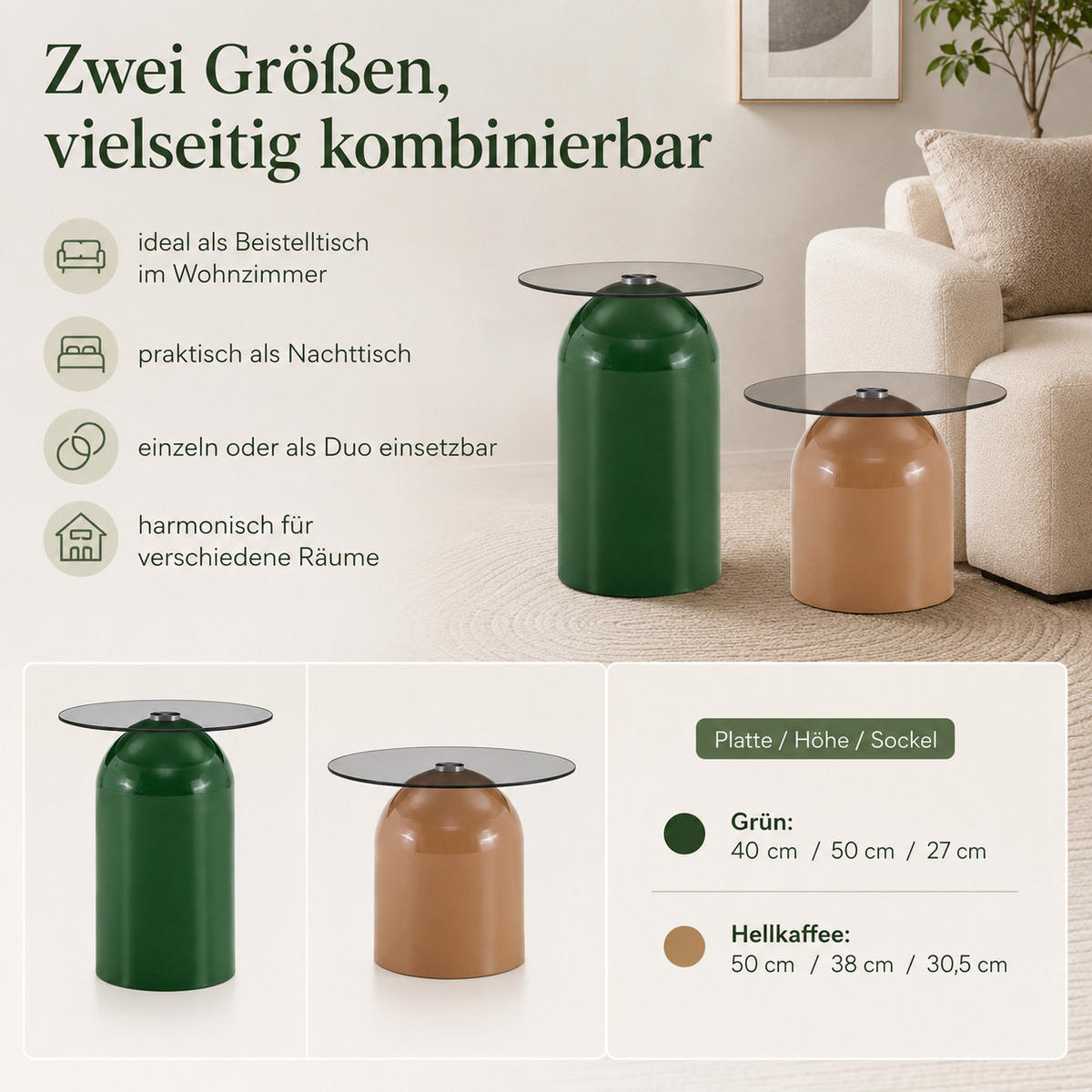 COUCHTISCH-SET DE-37432 2er-Set glockenförmig mit Glas und Hochglanz Grün/Hellbraun - Multicolor, Metall (50/50/38cm) - ComfortXL