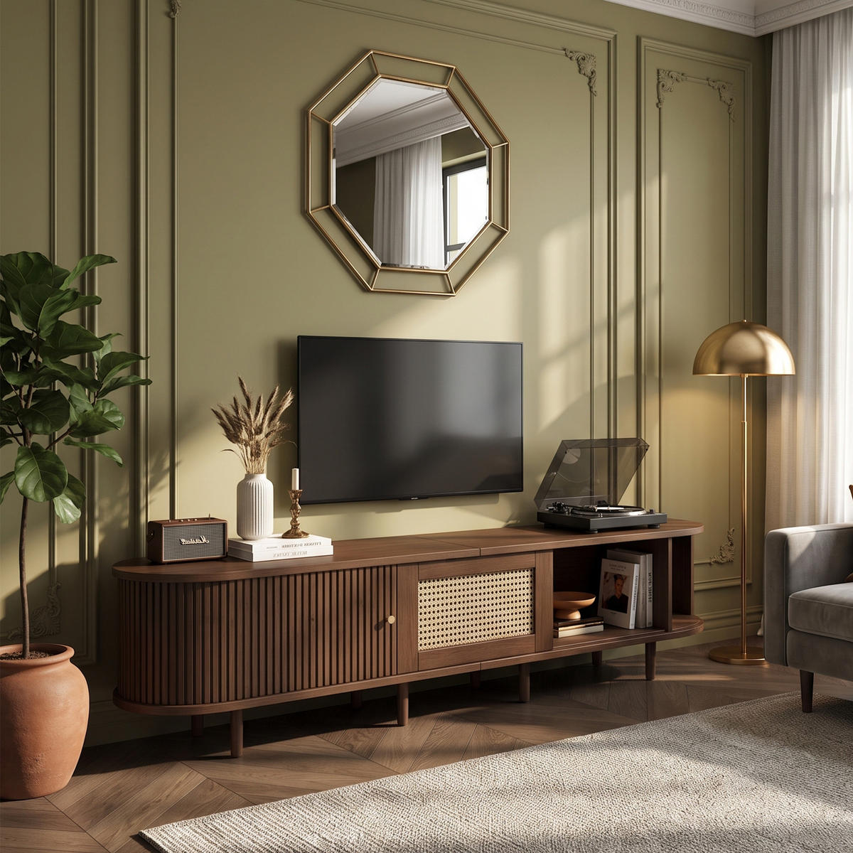 TV-LOWBOARD ovaler mit 1 Schublade und 2 Türen, Rattan-Design, MDF, dunkle Walnussfarbe - Braun, Holz/Metall (40/40/180cm) - GENKI LIVING