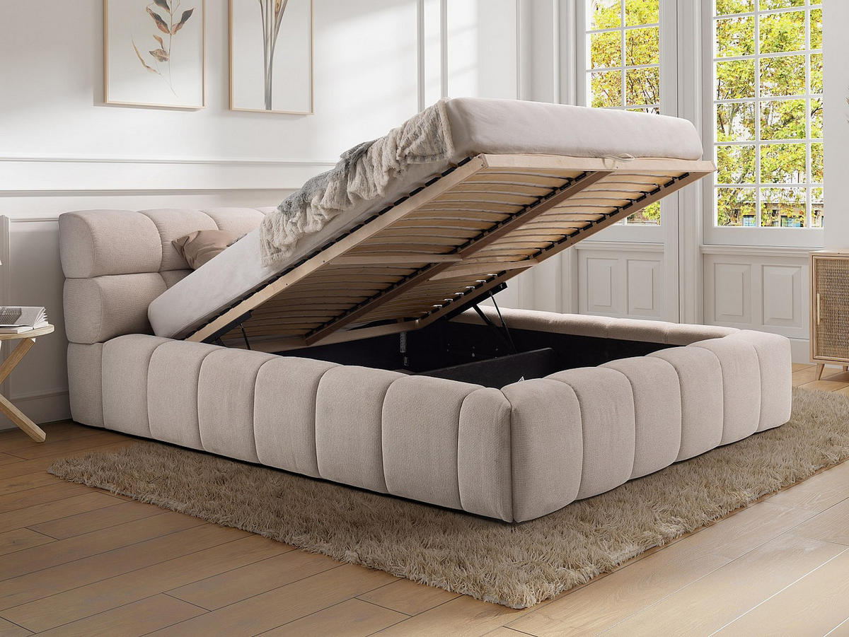 BETT mit Bettkasten - 2 Personen - Stoff - Beige - Beige, Textil (160/200cm) - Vente-Unique