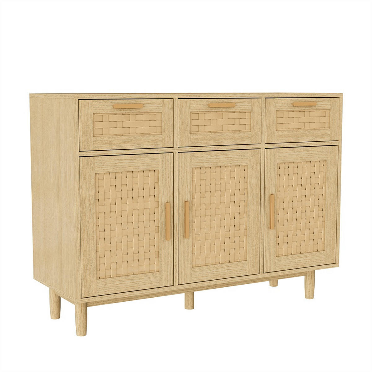 SIDEBOARD mit 3 Schubladen und 3 Türen - natürliche Geflecht-Optik und feine Metallgriffe - Eiche-Optik - Eichefarben, Holzwerkstoff (107.9/80/40cm) - DELFA