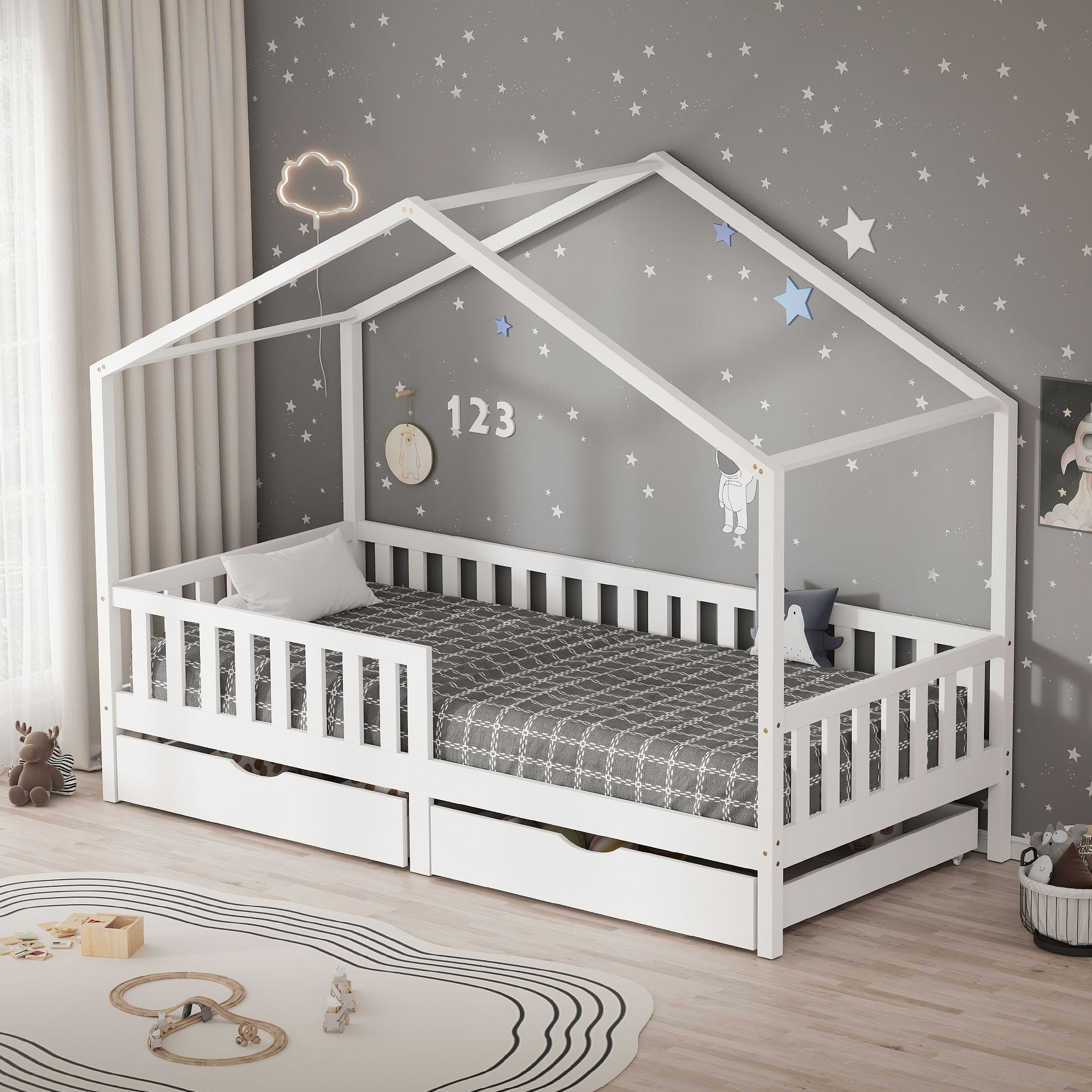 HAUSBETT 90x200 cm Weiß aus Kiefernholz mit 2 Schubladen und Rausfallschutz - Weiß, Holz (90/200cm) - ML-DESIGN