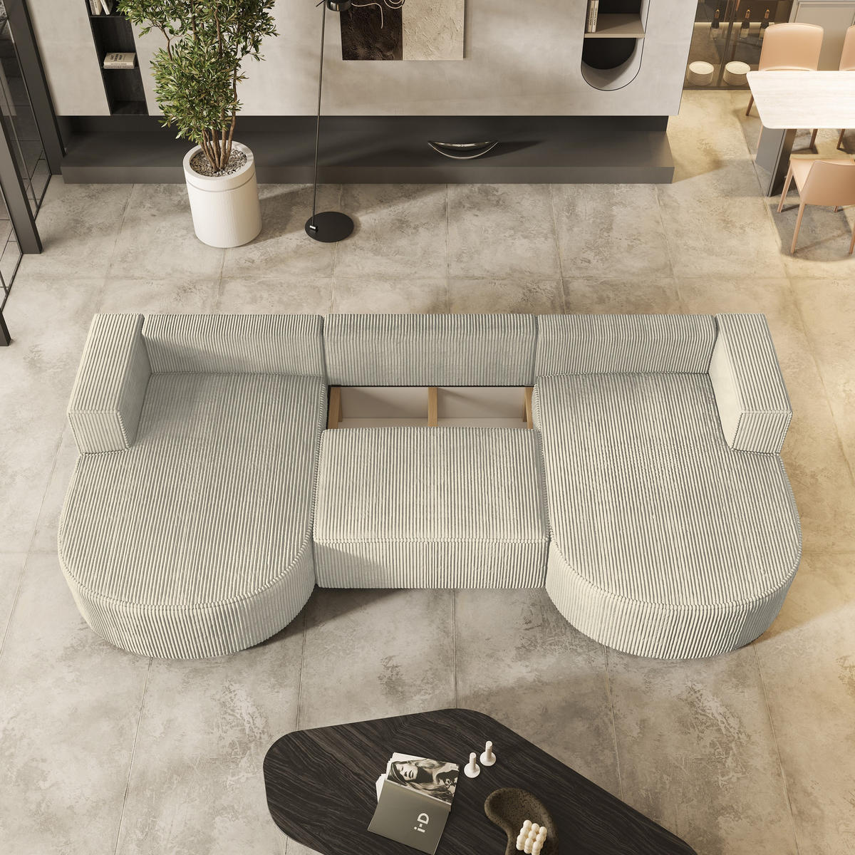 WOHNLANDSCHAFT VEZZO P Creme Kordstoff mit Schlaffunktion - Creme, Holz (347/85/174cm) - MASSENO