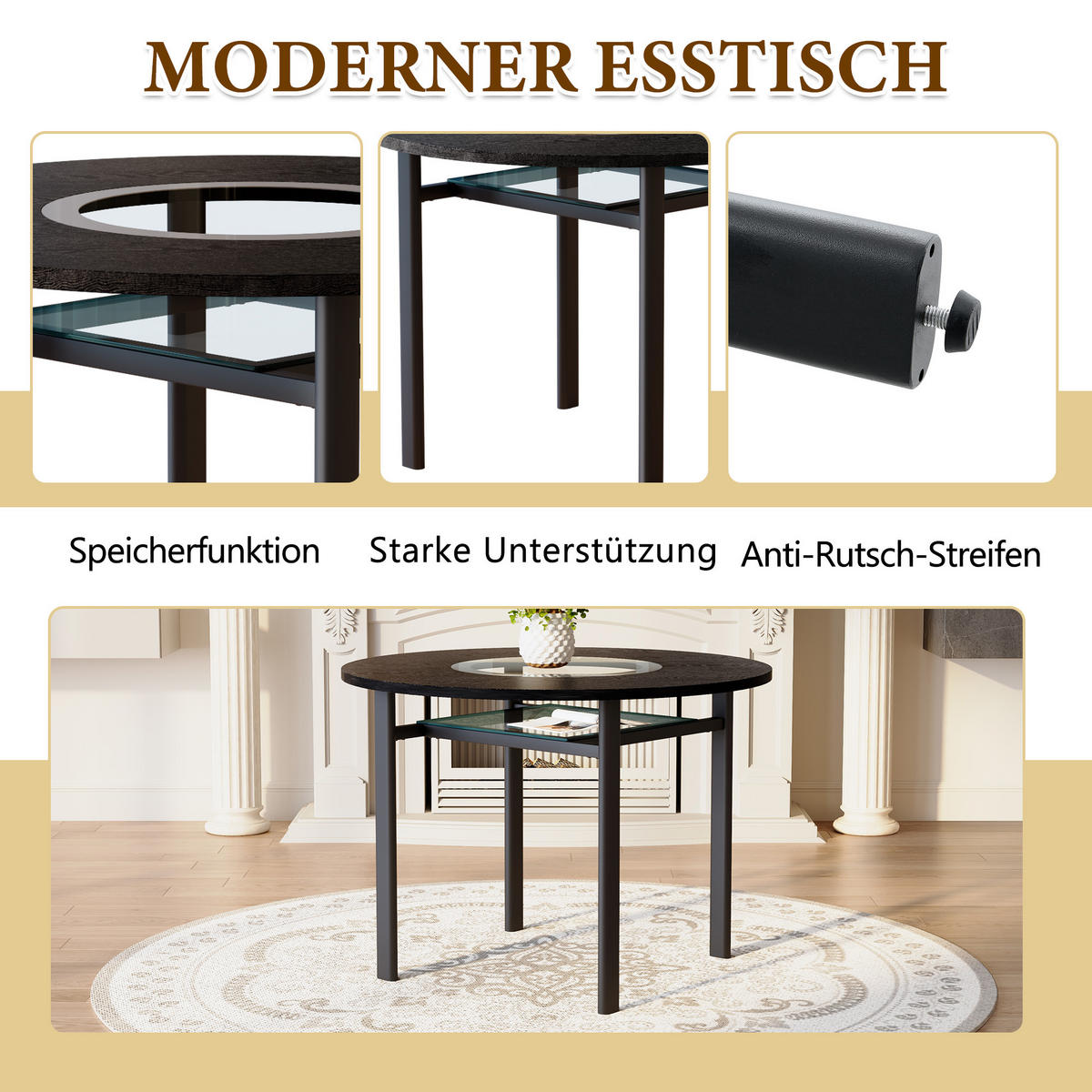ESSTISCH 100/100/76 cm Schwarz rund mit Glaseinlage MDF und Metallgestell - Schwarz, Holzwerkstoff (100/100/76cm) - OKWISH